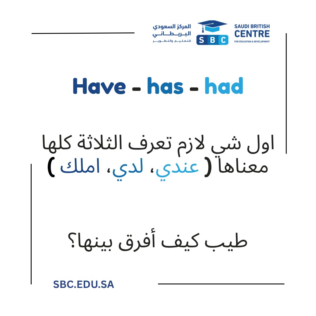 saudi_sbc's tweet photo. Have? Has? Had?

ثلاث كلمات بسيطة، لكن الفرق بينهم مهم جدًا

💯تعلم الفرق بسرعة، وخلّ استخدامك للإنجليزية أدق

!! اختبر نفسك في آخر السلايد https://t.co/VWTNple5Xw