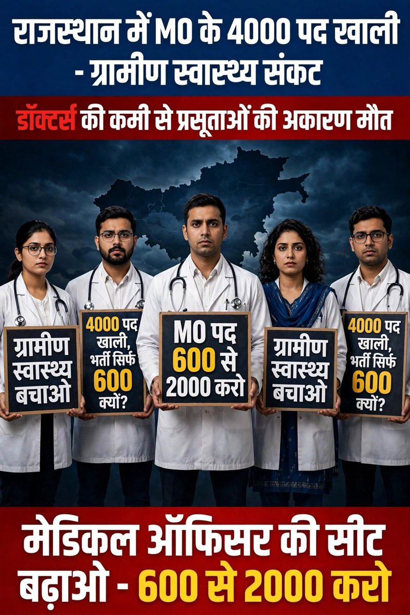 Drgs_7's tweet photo. राजस्थान मेडिकल ऑफिसर भर्ती में पदों की संख्या बढ़ाई जाए। हजारों योग्य MBBS डॉक्टर अवसर की प्रतीक्षा में हैं। कृपया सीट बढ़ाकर अधिक से अधिक डॉक्टरों को सेवा का अवसर दें। 🙏
#600 से 2000
#MO recruitment 
@GajendraKhimsar

@BhajanlalBjp
 
@RajCMO https://t.co/pZ2qND98wR