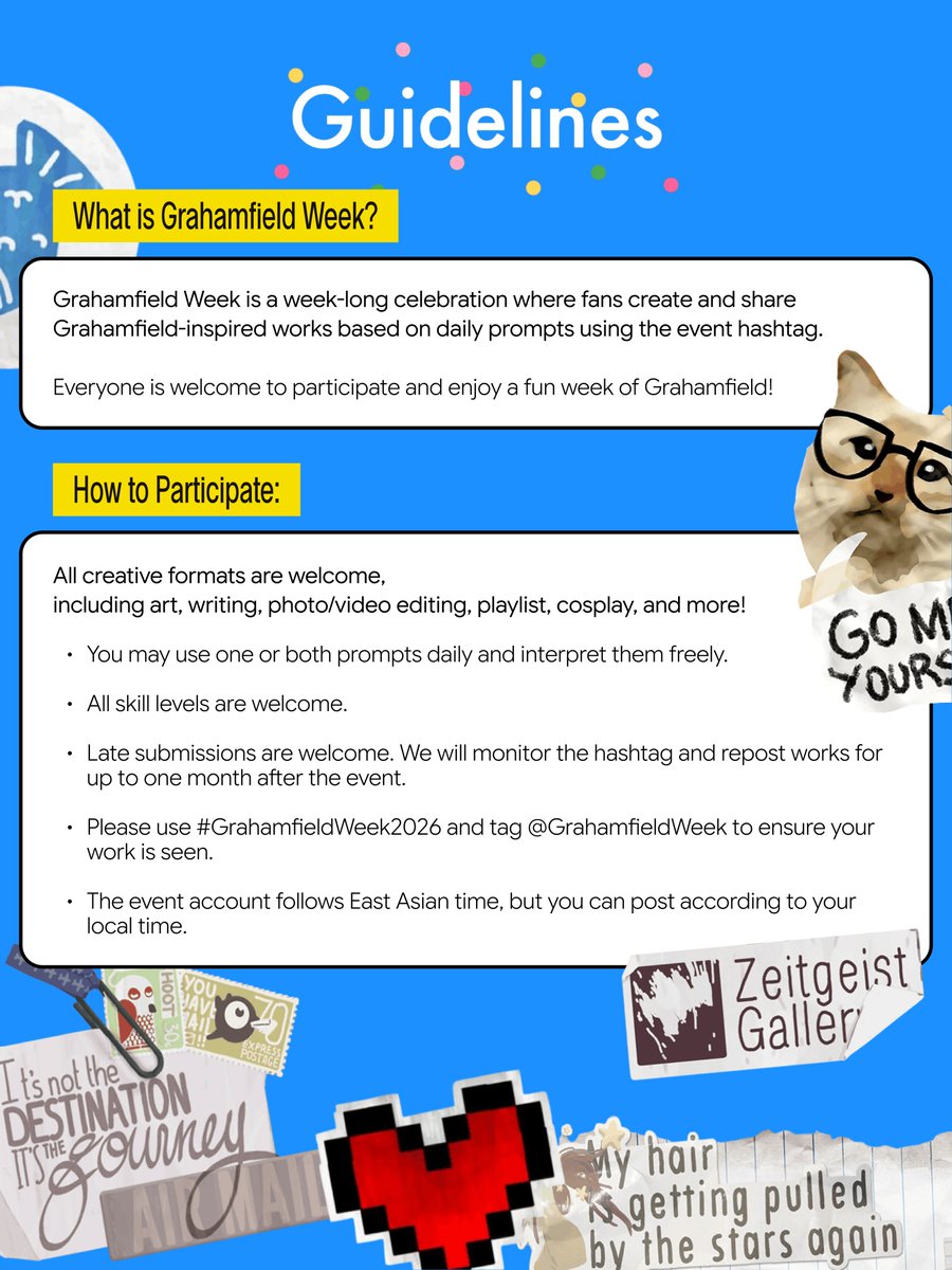 GrahamfieldWeek's tweet photo. 🌀🧪 Grahamfield Week 2026 Prompts and Participation Guide are now available! 🌀🧪

You’re welcome to select one, two, or even three themes for each date and interpret them as you wish! Before joining the event, please review the guide below.

🗓️ Dates: 2026.10.11 — 10.17
#️⃣ Hashtag: #GrahamfieldWeek2026

This guide is designed to ensure everyone can enjoy and participate in Grahamfield Week comfortably. If you have any questions, don’t hesitate to DM the @GrahamfieldWeek account anytime!

We’re excited to see you during Grahamfield Week and can’t wait to see your creations! o( ˶^▾^˶ )o

🌐 Check the thread for Japanese and Spanish versions.