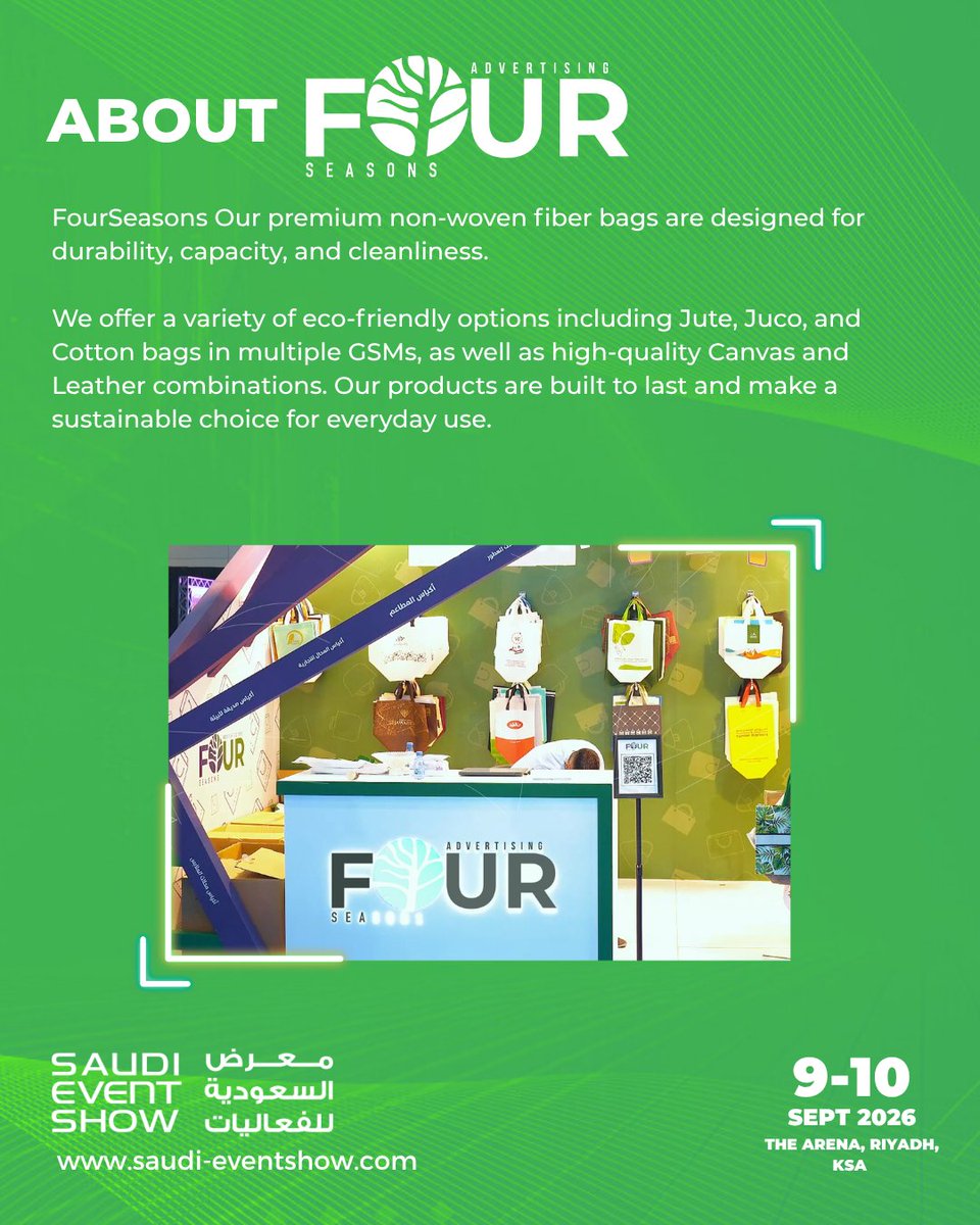 SaudiEventShow's tweet photo. Discover durable, eco-friendly event and packaging solutions with Four Seasons Trading Establishment at the SES 2026! 🌱👜

Head over to Stand B03 to connect with their team 
🗓️9-10 Sept 2026
📍The Arena, Riyadh, KSA
🔗Register for your free pass now! https://t.co/DixzoGyLyd https://t.co/mnpZwUbFJz
