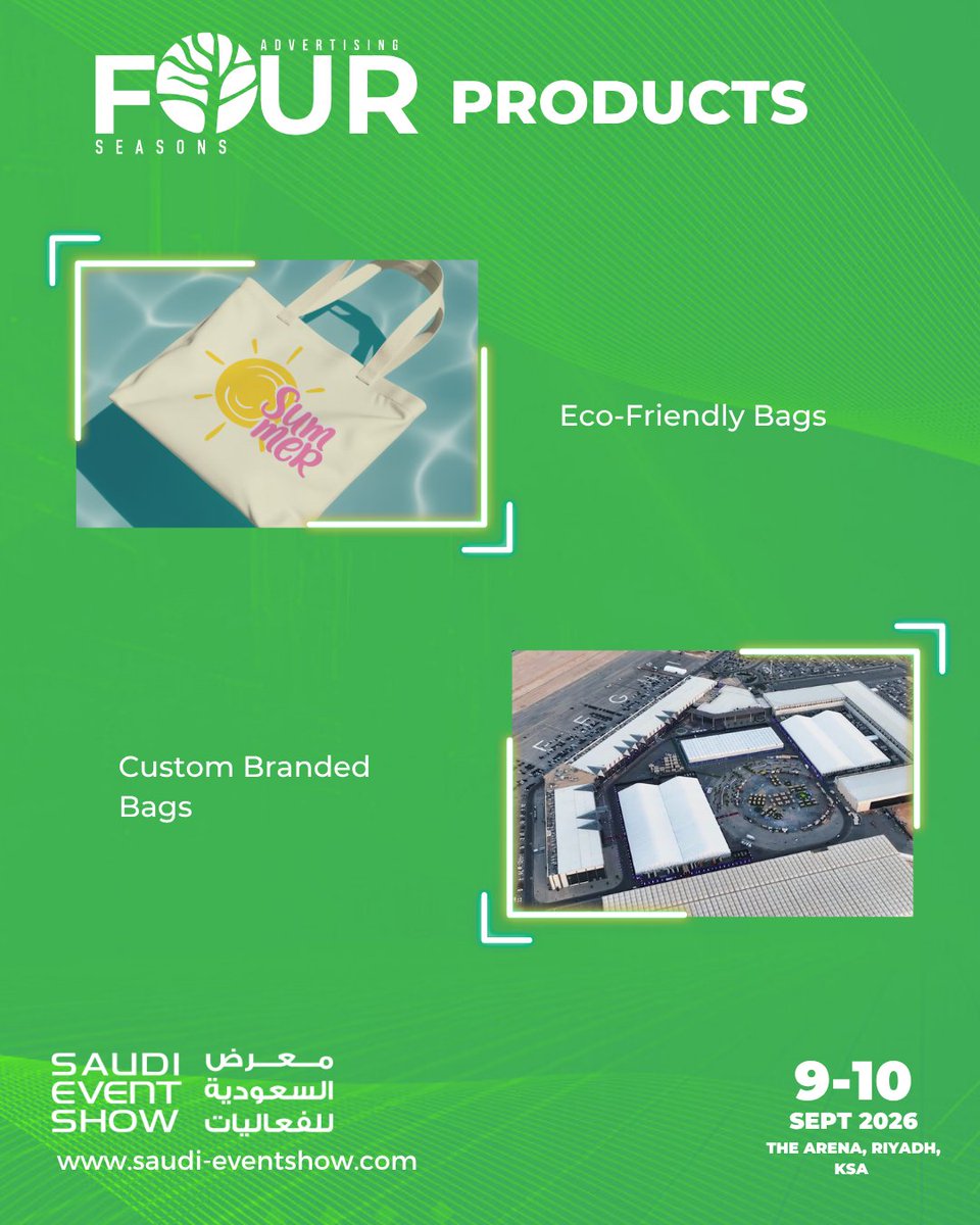 SaudiEventShow's tweet photo. Discover durable, eco-friendly event and packaging solutions with Four Seasons Trading Establishment at the SES 2026! 🌱👜

Head over to Stand B03 to connect with their team 
🗓️9-10 Sept 2026
📍The Arena, Riyadh, KSA
🔗Register for your free pass now! https://t.co/DixzoGyLyd https://t.co/mnpZwUbFJz