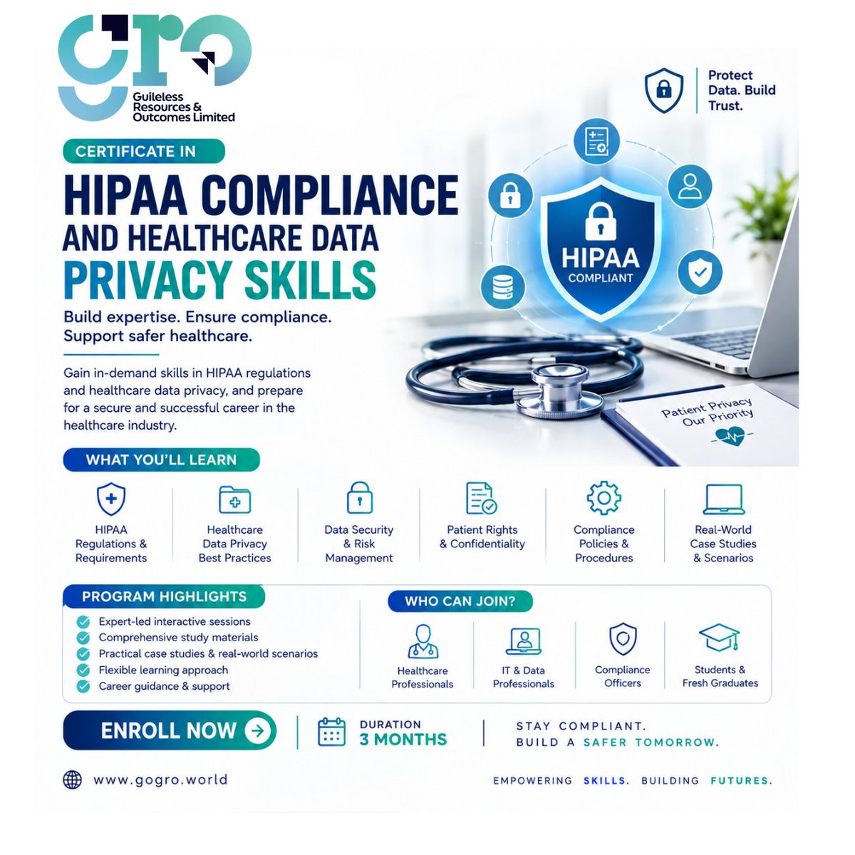 Groeducation's tweet photo. 🎓 Certificate in HIPAA Compliance &amp; Healthcare Data Privacy Skills

Learn:
🔹 HIPAA Compliance
🔹 Healthcare Data Privacy
🔹 Data Security
🔹 Patient Confidentiality
🔹 Risk Management
🔹 Compliance Practices

#HIPAA #HealthcareDataPrivacy #DataSecurity #GRO https://t.co/kk01RP6NFc