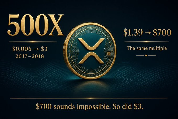 Emilyaaqt's tweet photo. $XRP $0.006 → $3

A 500X move

2017–2018.

The same 500X move from $1.39 today would place $XRP at approximately:

$700

$700 $XRP sounds impossible today.

So did $3 when $XRP was $0.006. https://t.co/Eg8EipgzBg