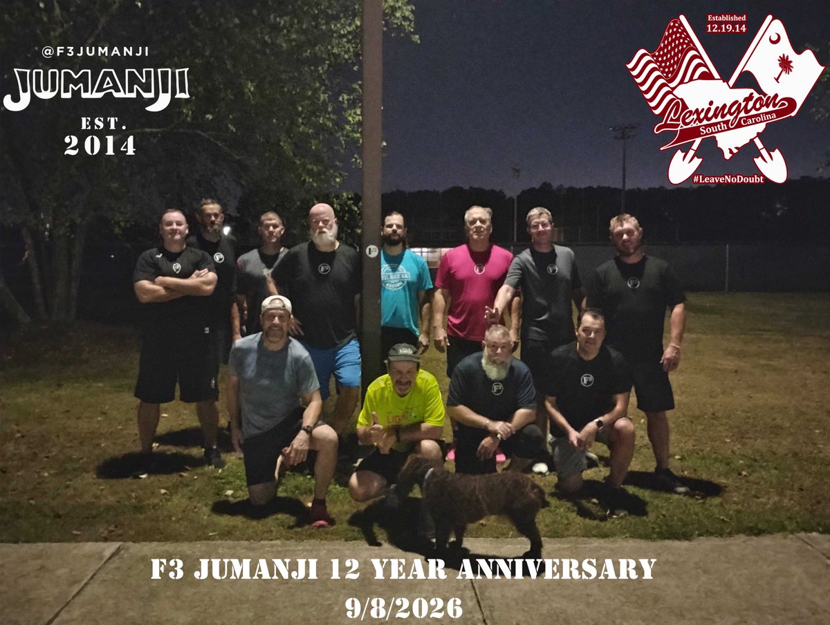 F3LexSC's tweet photo. 14 PAX got hit with some Killer Bs for the @F3Jumanji 12 year anniversary workout!

@Conroy_Tilburg did not disappoint. 

Come and get a workout in with these guys every Tuesday and Thursday, 0515-0600 at Wilson Howard Park in WeCo, https://t.co/rGJ9RqTmCy