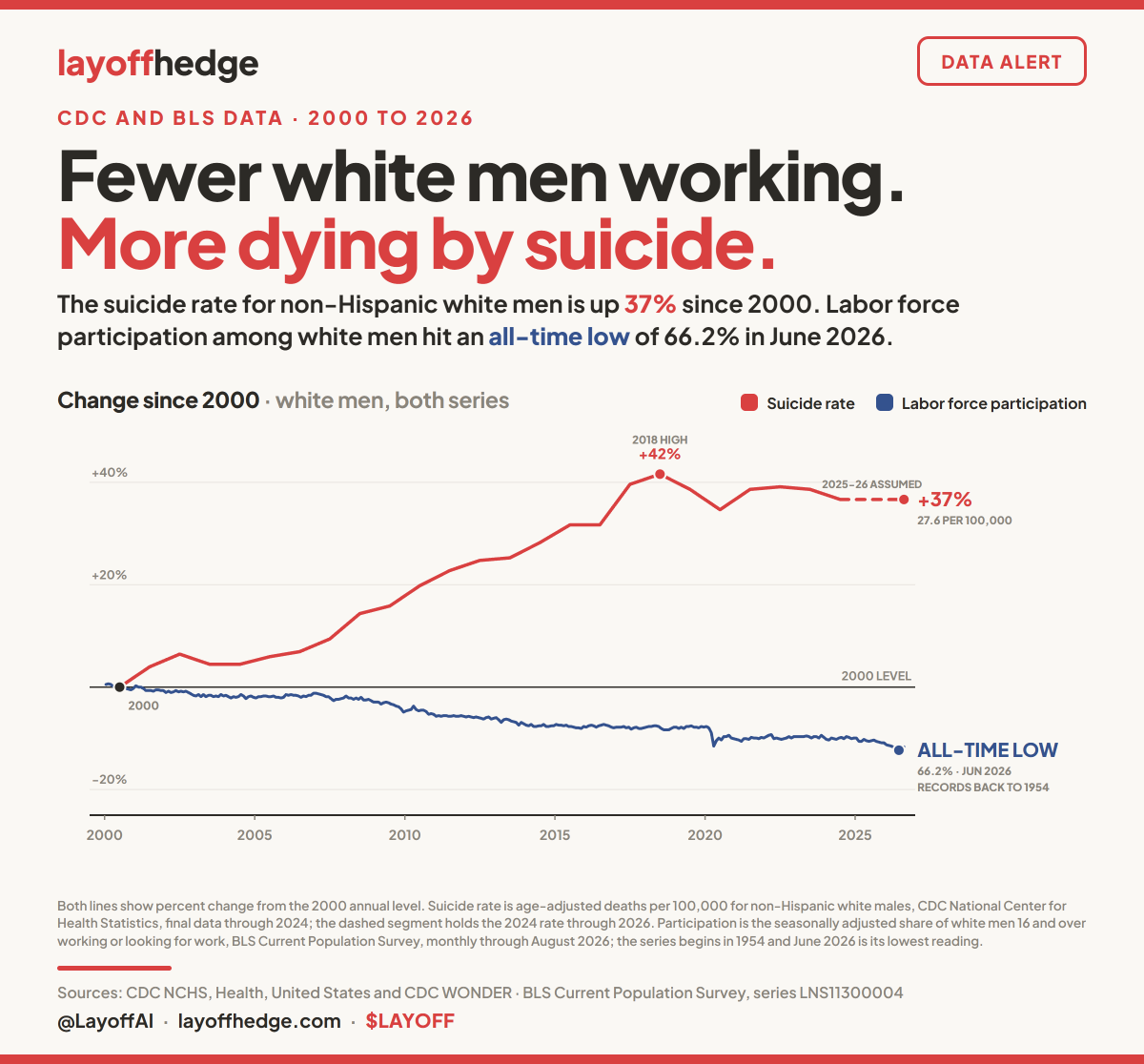 LayoffAI's tweet photo. White male labor force participation? All-time low.

White male suicide rate? Near all-time highs.

Makes you think. https://t.co/cQjIVWJRsb