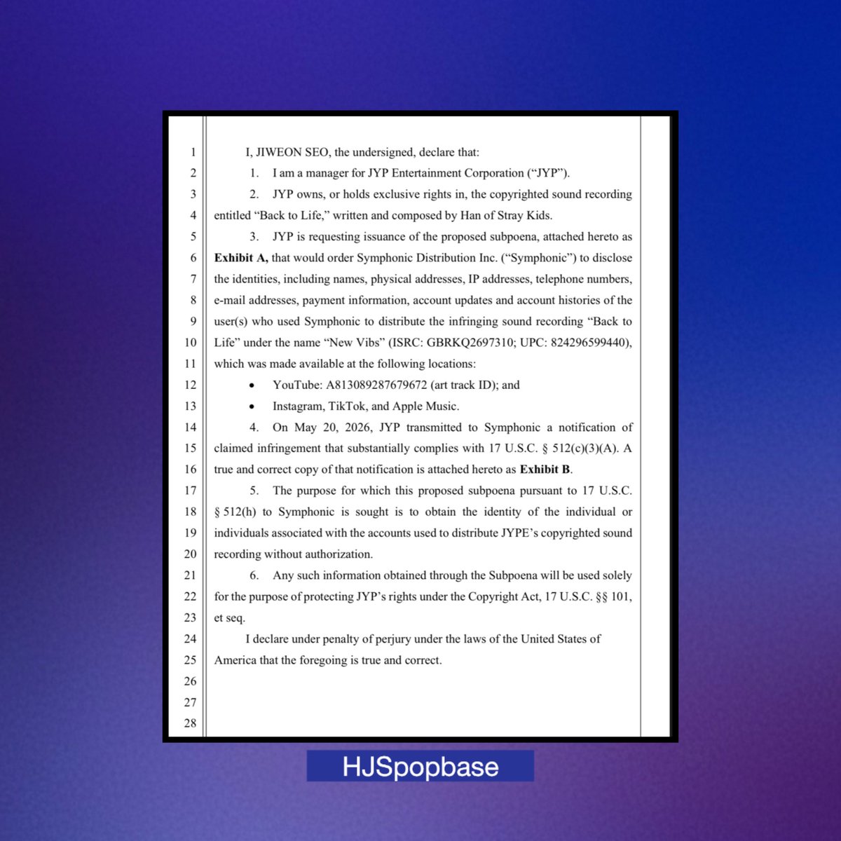 hjspopbase's tweet photo. According to a report, JYPE has obtained a DMCA subpoena through a U.S. court over the unauthorized distribution of #HAN Jisung’s “Back to Life”, seeking information to identify those responsible

 "The Track gained huge traction which resulted in unofficial ripped releases" https://t.co/KAHKd2i65D