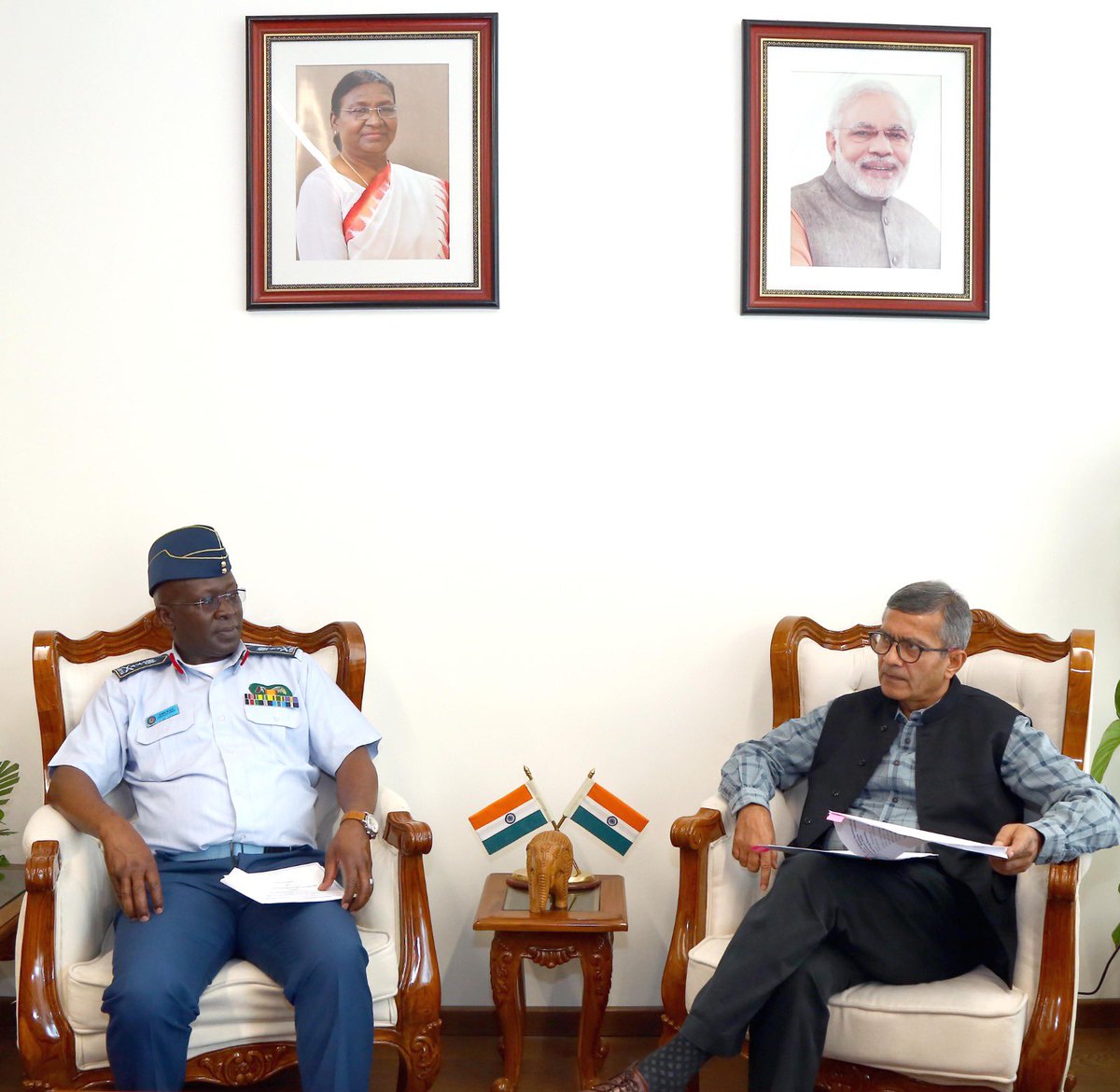 SpokespersonMoD's tweet photo. Defence Secretary Shri Rajesh Kumar Singh met Commander, Kenya Air Force Major General Bernard Waliaula in New Delhi on September 08, 2026. They discussed the gamut of India-Kenya defence cooperation, including aviation medicine, bilateral Air Force exercises, joint manufacturing and training. Both sides also exchanged views on counter-terrorism, the emerging role of drones and counter-drone systems in modern warfare.