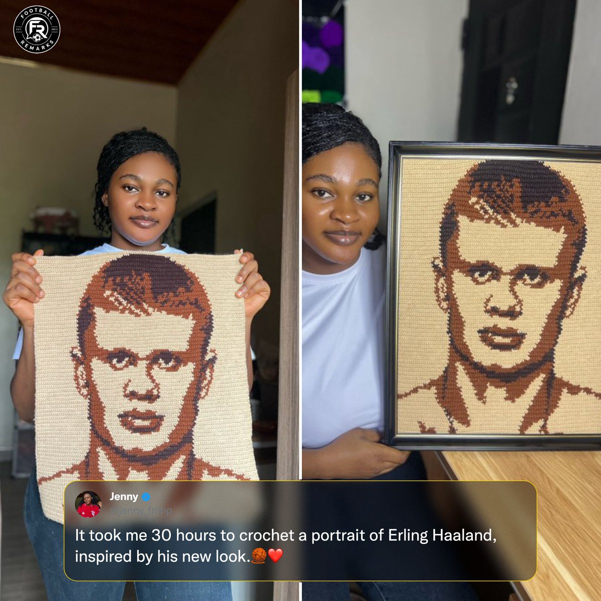 TheClubPark's tweet photo. This girl showing off her newly crochet'd portrait of Erling Haalands new hair cut..

Some great talent there 👏🏻 https://t.co/6bkYzY2mTU