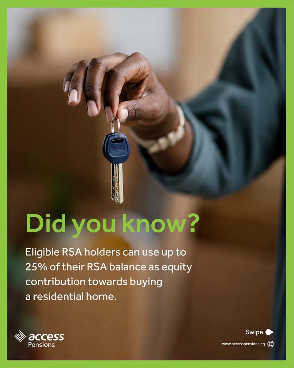 accesspensions's tweet photo. Owning your first home could be closer than you think. 🏡

With your Retirement Savings Account (RSA), you may access up to 25% of your balance as equity towards your first home, subject to eligibility.

#25PercentPensionMortgage https://t.co/b0o8fP2KwA
