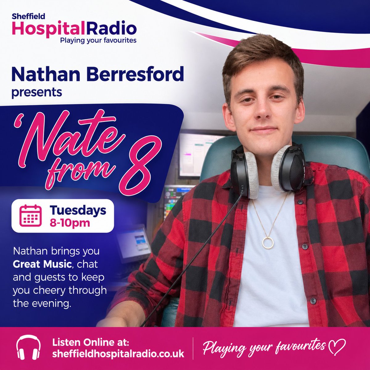 ListenToSHR's tweet photo. Join Nathan Berresford for Nate from 8, tonight from 8–10pm with great conversation and special guests.    Listen live at: https://t.co/kJtRpcQiWq #SheffieldHospitalRadio #NateFrom8 #HospitalRadio #Sheffield #GreatMusic #hospitalradio #songrequests #requests #nathanberresford https://t.co/yKOhqGJOol