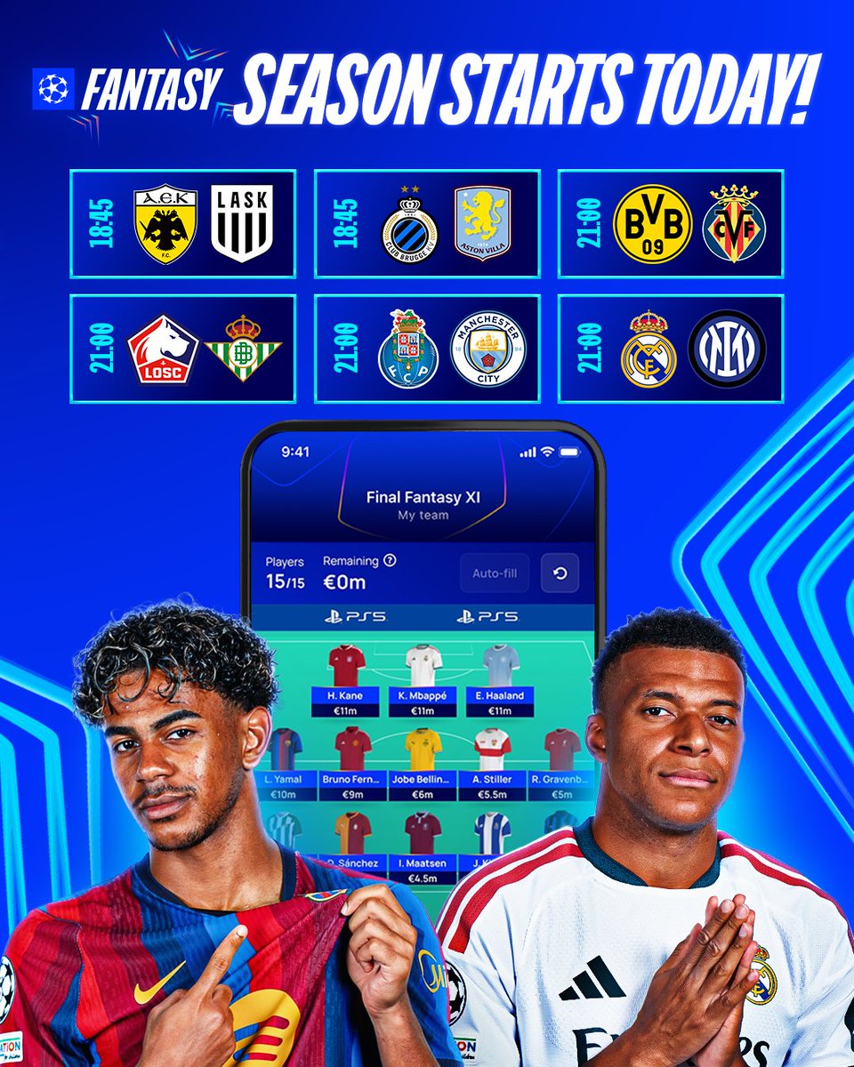 ChampionsLeague's tweet photo. Your fantasy campaign starts today! 🥳

Beat the 18:45 CET deadline 🚨

Play now 👉 https://t.co/WK327k5Atw 

#UCLfantasy https://t.co/VDz1mpitIk