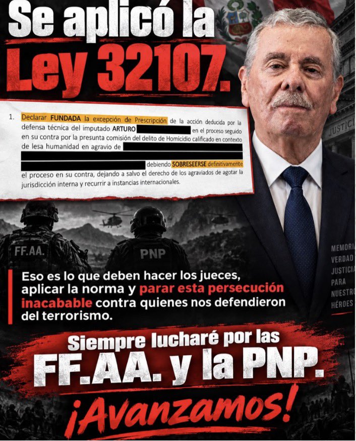 Frospigliosi's tweet photo. La Ley 32107 (lesa humanidad), ha sido aplicada, como corresponde. Los jueces politizados y prevaricadores, que no respetan la ley, para perseguir injustamente a policías y militares que derrotaron al terrorismo, serán denunciados. Hay que defender la legalidad y respaldar a las FF.AA. y a la PNP, que van a vencer a la delincuencia que aterroriza al Perú. Avanzamos!
