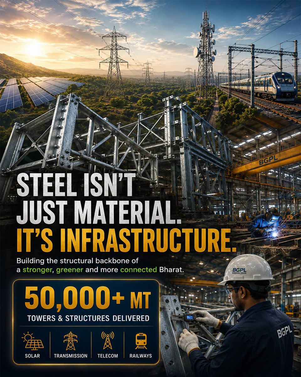 BondadaOnline's tweet photo. What powers Bharat’s infrastructure transformation? 

Look beyond the solar panels.

Look at the STEEL behind them.

☀️ Solar
📡 Telecom
🚆 Railways
⚡ Transmission

With 50,000+ MT delivered, Bondada Green Engineering Private Limited is helping build a stronger, greener and more connected Bharat.

#BGPL #Steel #Infrastructure #Bharat