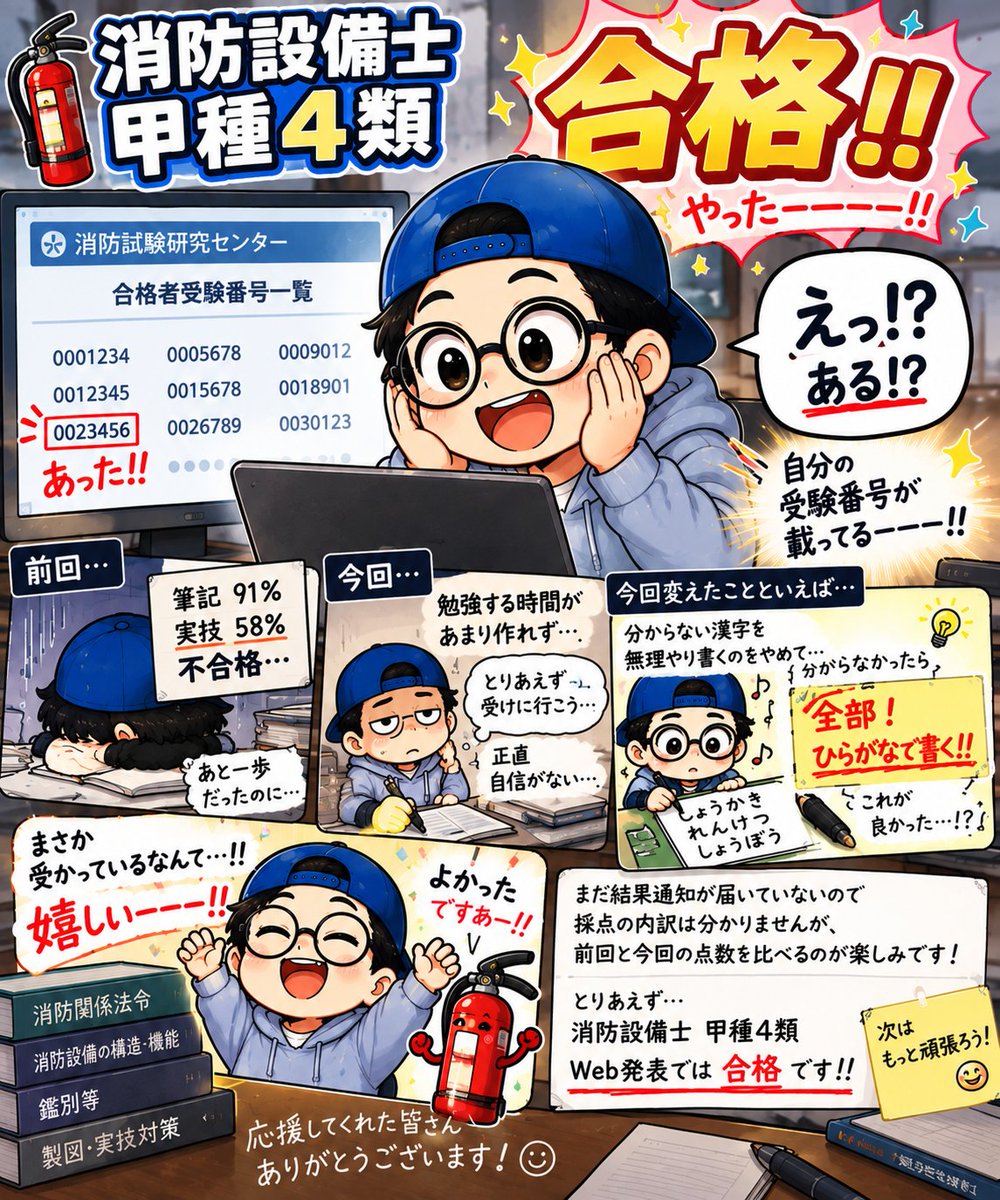 manjyu35's tweet photo. 消防設備士 甲種4類🧯

Webで合格発表を確認したら……

何と！！

私の受験番号が
合格者一覧にありましたーーー！！🎉😭

前回は
筆記91％・実技58％？で不合格。

今回はリベンジだったんですが、
落ちてからなかなか勉強する時間を作れず…。

すでに申し込んでいたので
「とりあえず受けに行こう！」

くらいの状態で受験しました😅

しかも試験が終わった時は、
前回より自信がない。。。

「これは落ちたな…」

と思っていたので、
受験番号を見つけた瞬間はビックリ🤣

もちろん嬉しい！！
めちゃくちゃ嬉しい！！🎉

ただ……

なぜ今回は受かったんだろう🤔笑

結果通知が届くまで
採点の内訳が分からないので、
嬉しいながらもちょっとモヤモヤ😂

前回から変えたことを考えてみると、
実技試験で一つだけ心当たりが。

分からない漢字を
無理やり書くのをやめました🤣

「この漢字……たぶんこうだろ！」

と勝負するのをやめて、

分からなかったら……

全部、平仮名で書く！！✏️🤣

まさか……

これが合格の秘訣だったのか！？😂

とりあえず、

消防設備士 甲種4類
Web発表では合格です！！🧯🎉

結果通知が届いたら、
前回と今回の点数も比べてみたいと思います😁