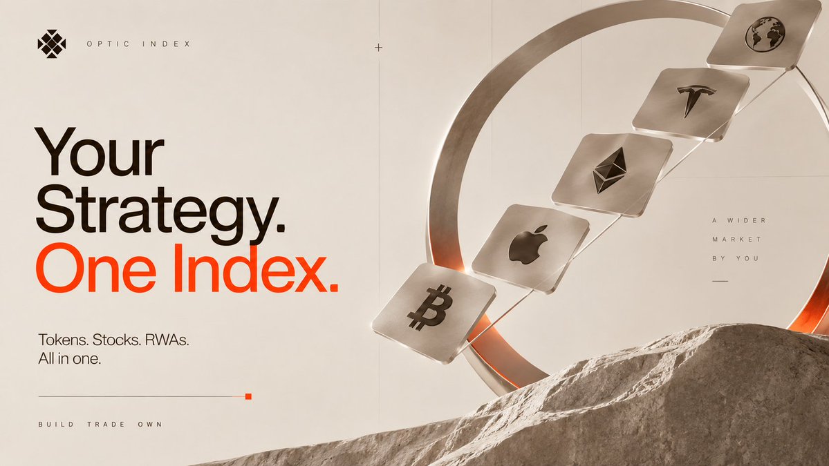 OptikIndex's tweet photo. Most indexes are predefined. Their assets, weights, and methodology are decided before you ever interact with them.

Optic Index takes a different approach.

Your market view can become the structure of the index itself.

Choose from tokens, tokenized stocks, and real-world assets. Define how much exposure each asset should have, then combine them into a single tradeable market with blended pricing.

The result is a market built around your strategy rather than a strategy built around an existing market.

One interface. Multiple assets. One unified position.

Your strategy. One index.