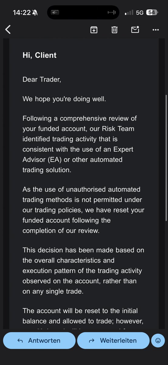 Constantin2995's tweet photo. WARNING about OFP Funding.

This is now the second payout they have refused on my account. My latest $19,500 payout was rejected, with OFP Funding claiming that my trading activity was “consistent with the use of an Expert Advisor (EA) or other automated trading solution.”

I strongly dispute this accusation. Instead of identifying a specific trade or providing clear evidence, they told me their decision was based on the “overall characteristics and execution pattern” of my trading activity.

They then reset the funded account, allowed me to continue trading, but kept the entire payout from the previous cycle.

After having payouts rejected twice, my personal experience with OFP Funding has been extremely concerning. I would not trust this company with my money again.

If OFP Funding believes I violated their rules, they should publicly explain exactly what evidence proves that I used an EA and which rule/trades triggered the violation.

Traders considering OFP Funding: do your research before paying them or investing your time trading their funded accounts. I have screenshots and emails documenting my experience.