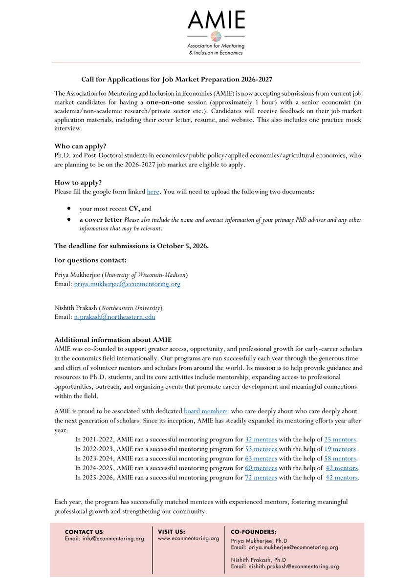 econmentoring's tweet photo. 📢 AMIE Job Market Preparation 2026–27

Going on the economics job market? Apply for a one-on-one session with a senior economist, including feedback on your materials and a mock interview.

📅 Deadline: Oct 5

#AMIE #Economics

@Prof_Nishith_P @p_mukherj @leightjessica https://t.co/tMUgSIKpq1