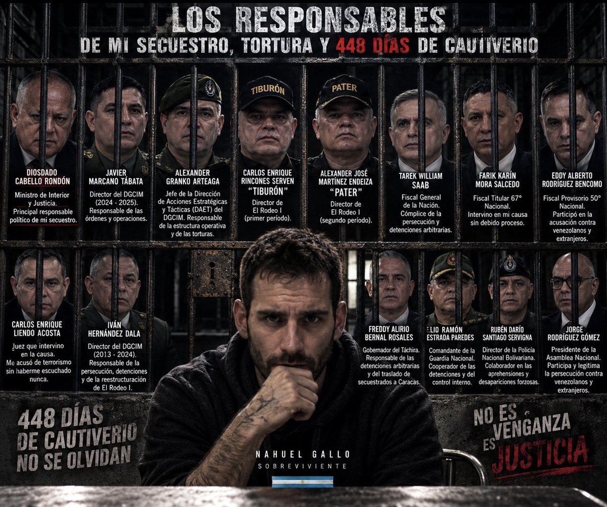 nahuollag's tweet photo. Hoy quiero empezar a ponerles nombre y apellido a quienes deben responder por lo que me hicieron.

Diosdado Cabello es, para mí, el principal responsable político de mi secuestro. Yo era “el preso de Diosdado”. Él sabía dónde estaba y públicamente habló de mí y de mi supuesta acusación por espionaje.

Después está la estructura de la DGCIM, que tuvo un papel central desde mi detención.

Javier Marcano Tábata, director de la DGCIM durante mi cautiverio. Alexander Granko Arteaga, vinculado a la estructura de Asuntos Especiales de la DGCIM y señalado públicamente por su rol dentro de ese aparato.

Luego aparece El Rodeo I, donde permanecí secuestrado.

Carlos Enrique Rincones Serven, “Tiburón”, fue director del penal durante el primer período de mi cautiverio.

Alexander José Martínez Endeiza, “Pater”, asumió posteriormente funciones de dirección.

Dentro del penal nunca conocíamos sus verdaderos nombres. Los uniformados (custodio) que tenían contacto con nosotros utilizaban seudónimos y tenían el rostro cubierto. Sus identidades las conocimos después.

También están quienes intervinieron desde la estructura judicial:

Tarek William Saab, entonces fiscal general de Venezuela.

Farik Karín Mora Salcedo, fiscal que intervino en la causa y en la audiencia en la que se sostuvo mi detención.

Carlos Enrique Liendo Acosta, juez que intervino en el proceso y que terminó acusándome de terrorismo.

Ese juez nunca tuvo una comunicación conmigo. Nunca me llamó. Nunca tuve un verdadero debido proceso.

Hoy ya pedí ante la Justicia argentina la detención y captura internacional de cinco funcionarios vinculados a mi caso.

Ahora voy por la DGCIM.

Quiero saber quiénes eran los hombres que me recibieron, quiénes me interrogaron, quiénes me torturaron, quiénes me trasladaron y quiénes dieron las órdenes.

Quiero sus nombres.

Porque detrás de cada uniforme, cada capucha y cada seudónimo había una persona.

Y esas personas tienen que responder ante la Justicia.

448 días no se olvidan. La verdad tampoco.
No es venganza. Es justicia.🇦🇷🇦🇷