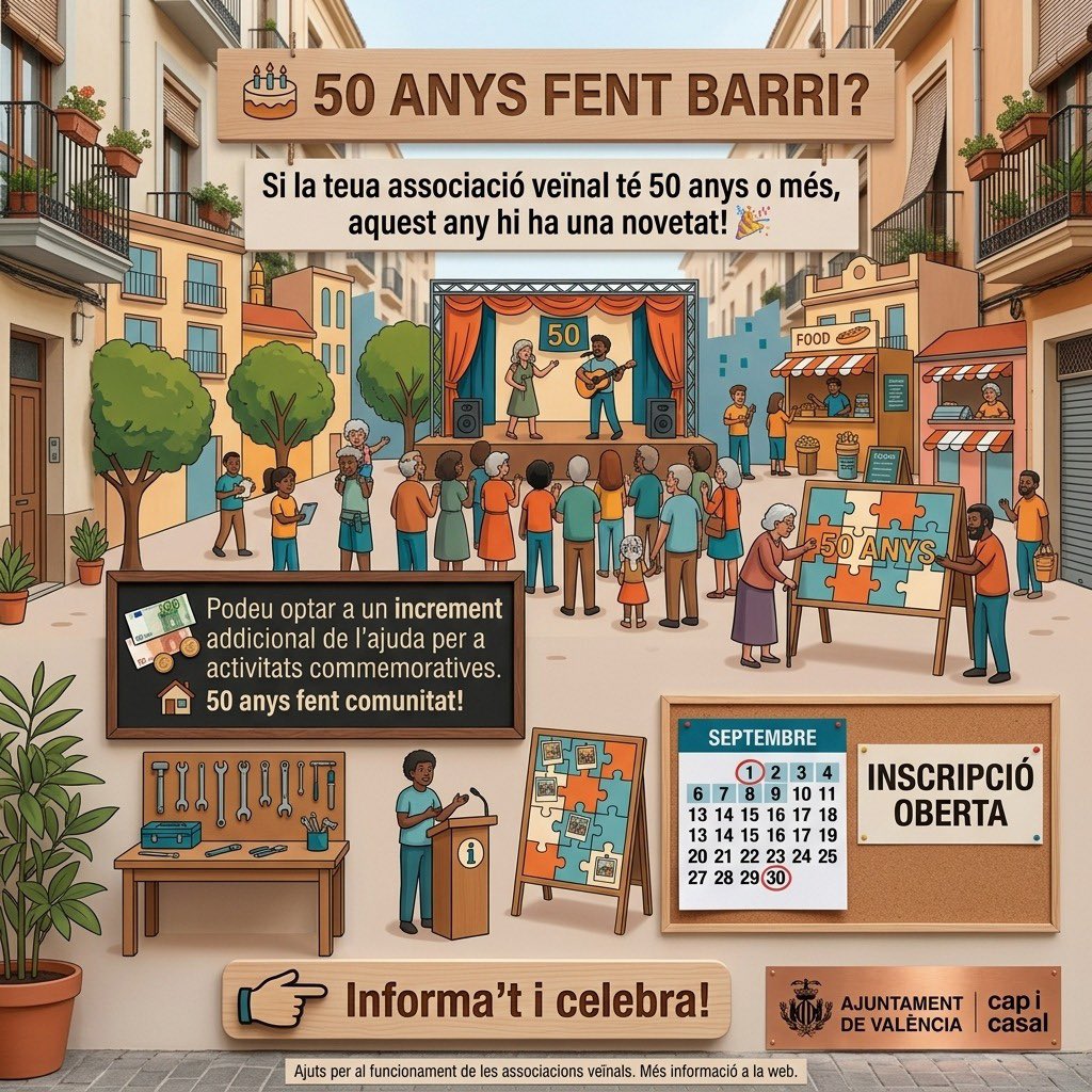participaVLC's tweet photo. ❤️ FER BARRI ÉS FER COMUNITAT
Les associacions veïnals donen vida als nostres barris 🏘️
💶 Ara poden sol·licitar les subvencions 2026 per a despeses de funcionament.
📅 De l’1 al 30 de setembre
👉 Participa. Implica't. Fes barri. https://t.co/EPutrpHfhu