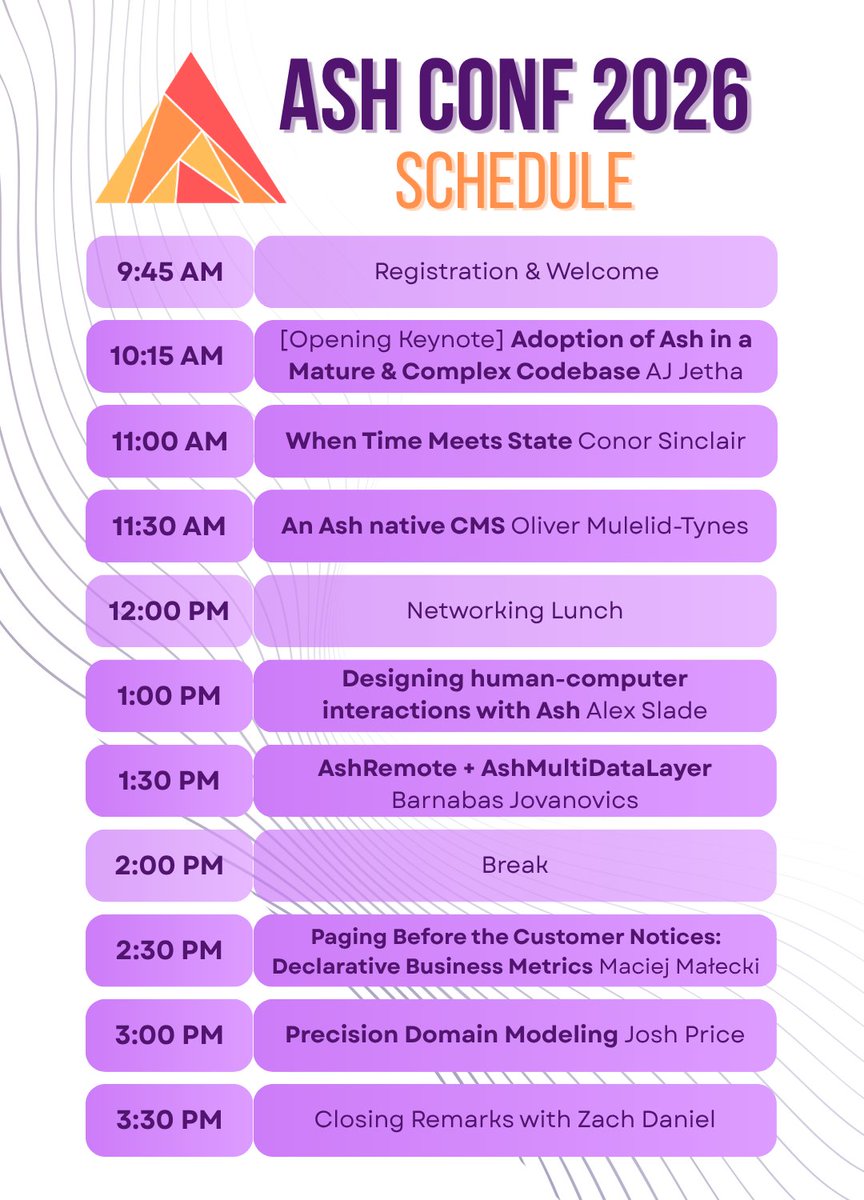 ZachSDaniel1's tweet photo. Here is the full line up for #AshConf! We've got some great talks in store for you all. We've already got tons of registrations, but there is room for more 🎉 If you're headed to #Goatmire take the extra day and come see us, you won't regret it. Going to be a great day for #AshFramework users, and just those curious to hear more 😎

A few themes to expect this year:

- Novel and interesting tech ideas
- Experienced Ash operators
- A nice mix of very technical and high level topics, all accessible to those familiar with Ash and those with little-to-no Ash experience

#AshConf is on October 3rd in Varberg, Sweden, the day after #Goatmire. Get your tickets here!   https://t.co/2pjNACVHab