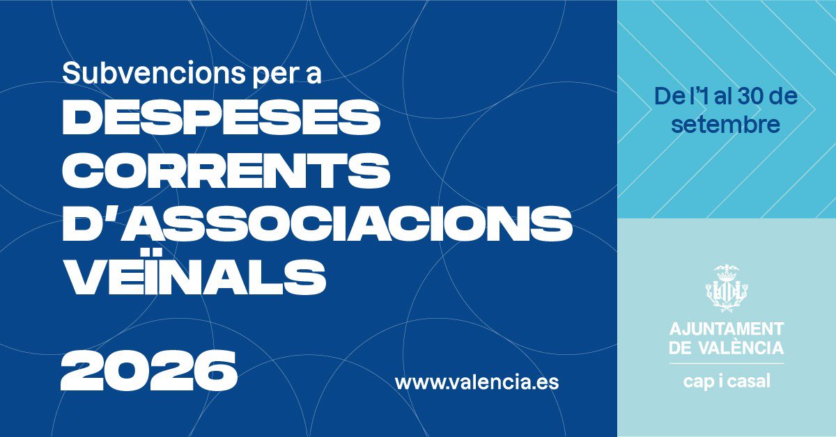 participaVLC's tweet photo. 📢 SUBVENCIONS 2026
🏘️ Associacions veïnals
💶 Despeses de funcionament
📅 De l’1 al 30 de setembre
👉 Informa't i sol·licita-la! https://t.co/BCX3hEs85r