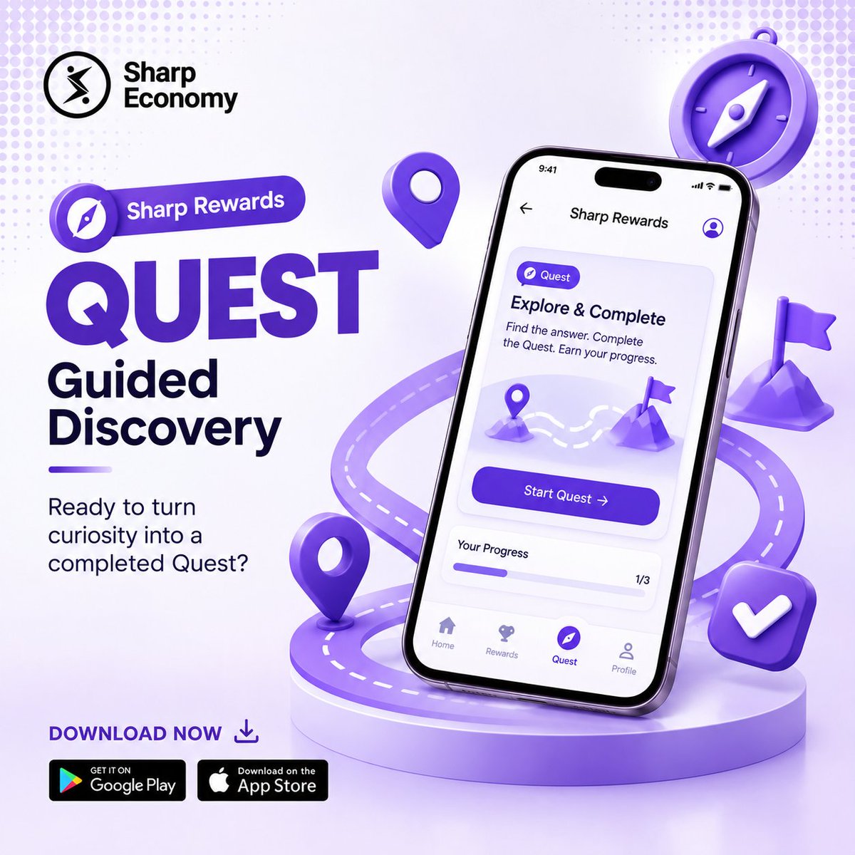 SharpEconomy's tweet photo. Ready to turn curiosity into a completed Quest? 🔎

Explore a Quest in Sharp Rewards, find the answer, and complete the journey.

Which Quest category should we explore?

#SharpRewards #SharpEconomy https://t.co/OzIYK9B6ym