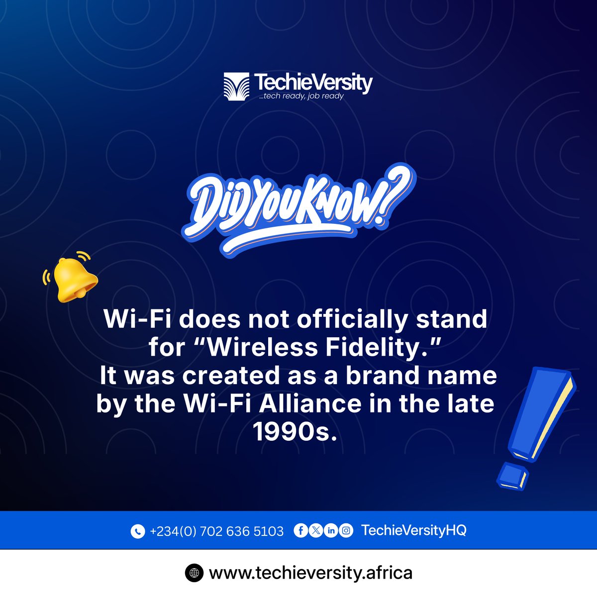 TechieVersityHQ's tweet photo. Wi-Fi doesn't actually stand for “Wireless Fidelity.”

The name Wi-Fi was created as a brand name for wireless networking technology. It was chosen because it sounded catchy and was easy to remember.

Today, Wi-Fi allows devices like smartphones, laptops, and smart TVs to connect to the internet wirelessly.

Did you know this about Wi-Fi? Let us know in the comments! 👇

#techieversity #didyouknow #techfacts