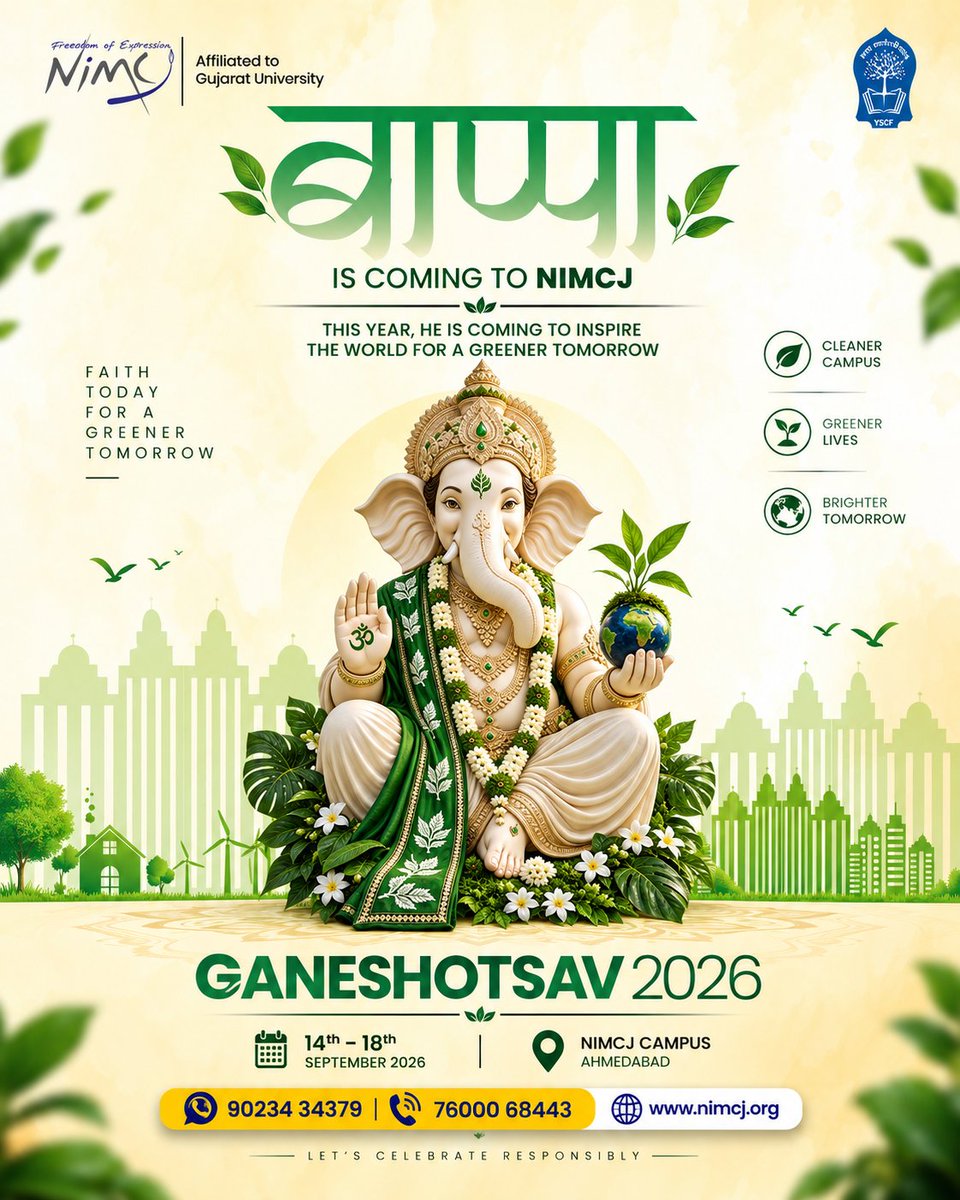NimcjOfficial's tweet photo. This Ganeshotsav, let’s celebrate devotion with a promise to protect the planet. 🌿🙏
Bappa is coming to NIMCJ with a message for a greener tomorrow.
#Ganeshotsav #GanpatiBappaMorya #NIMCJ #GoGreen #SustainableFuture https://t.co/nQQftOV23K