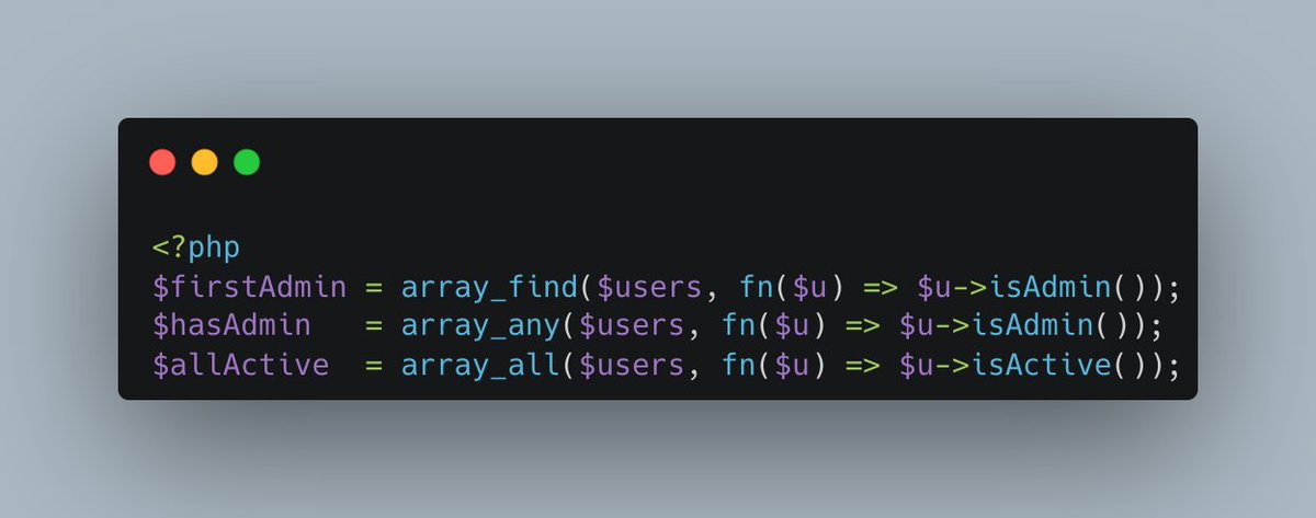scottkeckwarren's tweet photo. PHP 8.4 tip: stop writing foreach-and-break to find one element. `array_find()` returns the first item matching a callback; `array_any()` and `array_all()` answer the yes/no questions.
Clearer intent, less boilerplate. New in 8.4.
#PHP #PHPDev #PHP84 https://t.co/sKFR2aXdYS