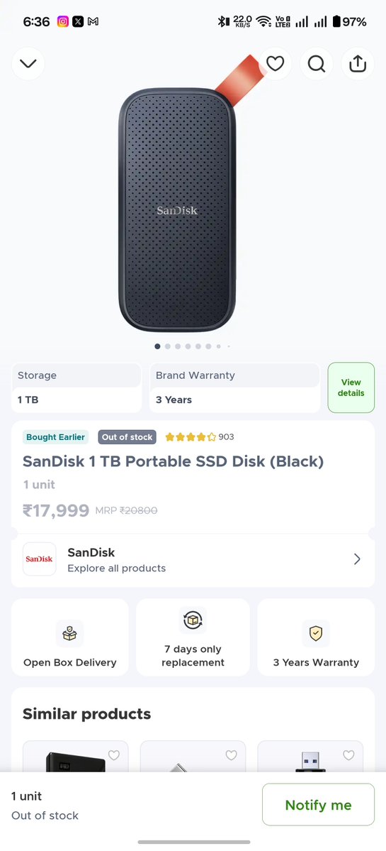 KunwarShikhar's tweet photo. @letsblinkit @blinkitcares I ordered a SSD from blinkit and its written there we can ask for replacement with in 7 days. I ordered it on 4 September and today is 8 September and now it is showing we can't help with that order. SSD speed is worst than a HHD @SanDisk. See SS below https://t.co/6Q8aV9UFVr