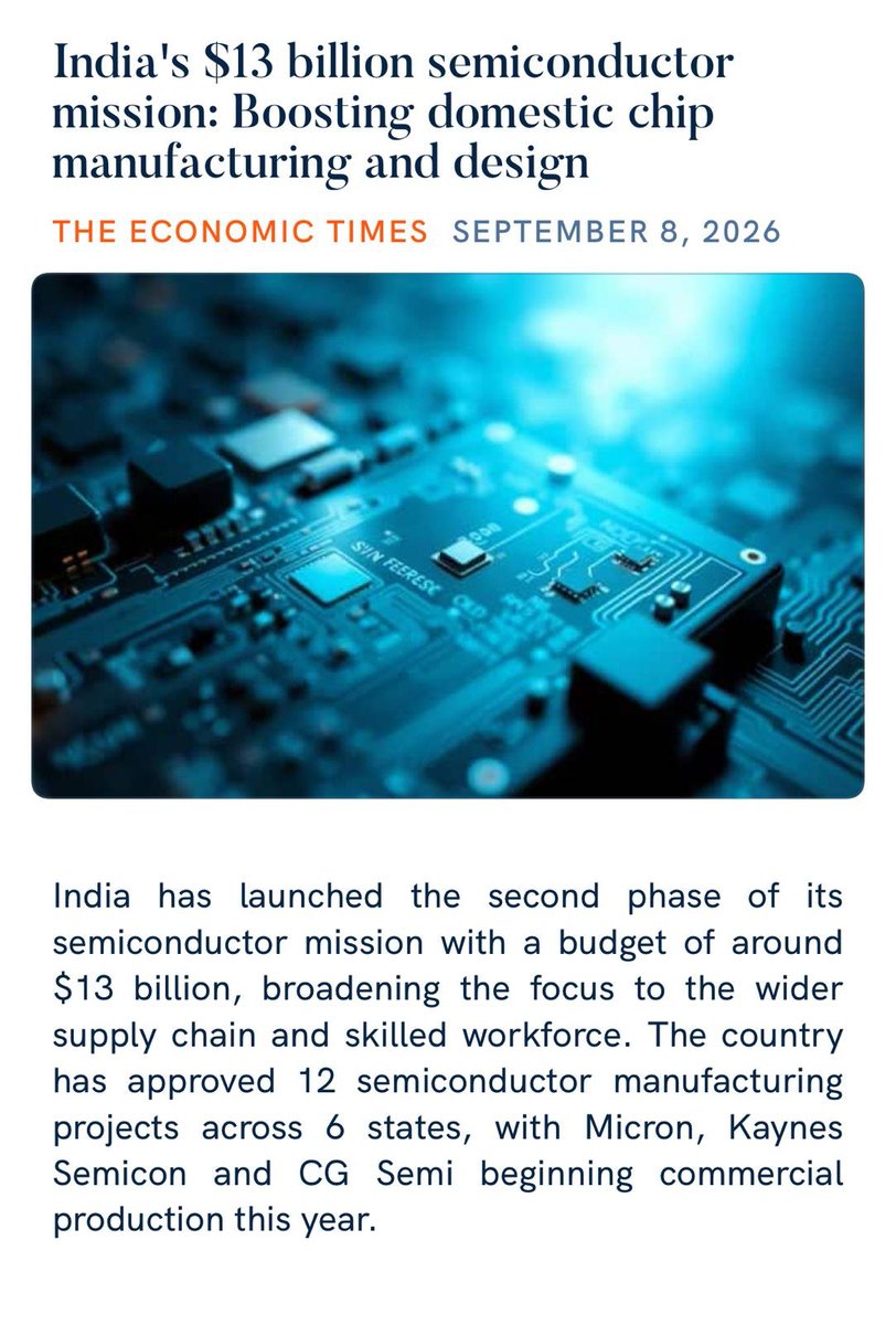 IndiainNewYork's tweet photo. India is stepping up its semiconductor ambitions with a ~$13B second-phase push focused on chip manufacturing, supply chains, design, and skilled talent. 12 projects across 6 states have already been approved. #Semiconductors #IndiaTech

https://t.co/lOSkjppoPB

via NaMo app

@MEAIndia @IndianEmbassyUS @IndianDiplomacy @PMOIndia