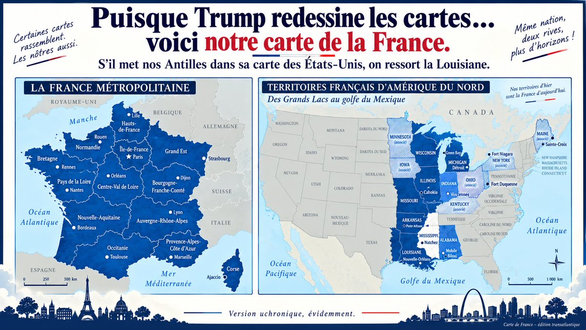 AxelDucros's tweet photo. Puisque Donald Trump publie une carte des États-Unis incluant les Antilles françaises, il est peut-être temps de mettre à jour, nous aussi, notre carte de France.
Louisiane, Missouri, Michigan, Illinois… bienvenue à la maison.
#MakeFranceGreatAgain
#France #USA #Trump #Louisiane #NouvelleFrance