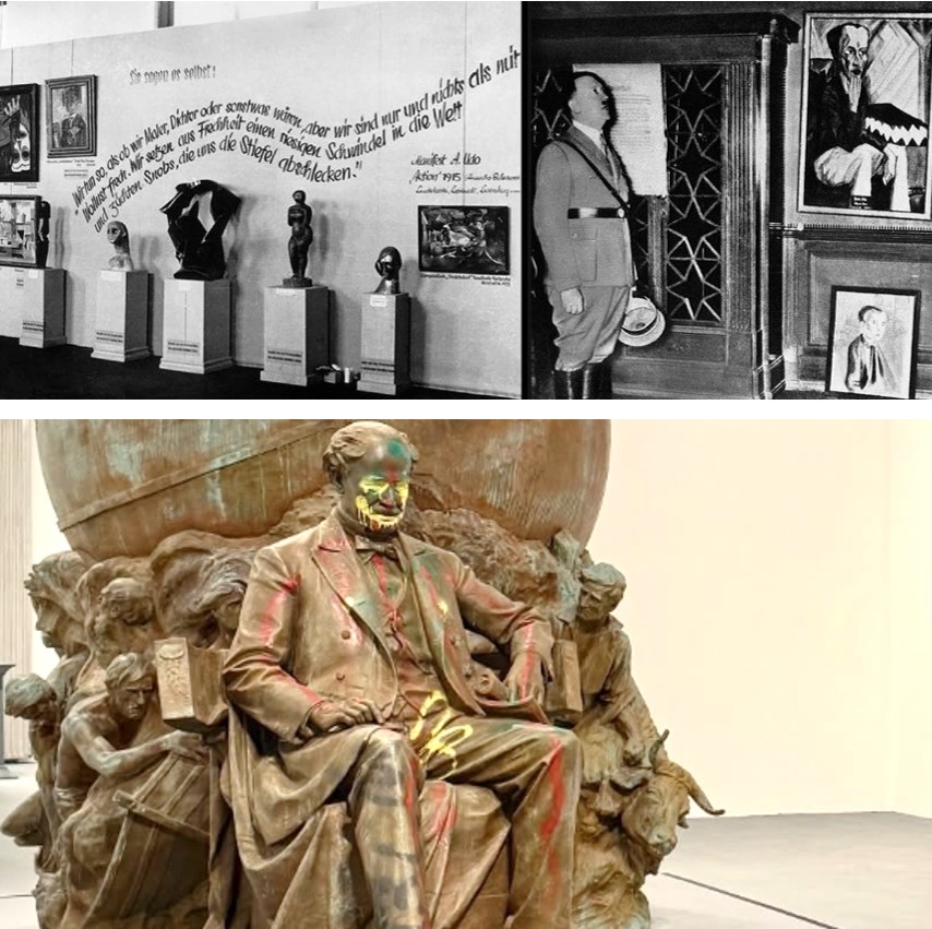 GalleryGerman's tweet photo. Well, it could be worse: in Los Angeles, they melt down unwanted art.
The “MONUMENTS" exhibition at the Los Angeles Museum of Contemporary Art (MOCA) may have closed, but it functioned exactly like the infamous 1937 Nazi "Degenerate Art" exhibition in Munich. The playbook remains identical: take politically unwanted art, put it on display defaced and vandalized, and place it in a gallery context specifically to make it look ridiculous and radioactive.
Should Trump perhaps have followed the LA museum's lead by melting down the Blue Sculpture and displaying it as 'wrong art'?
