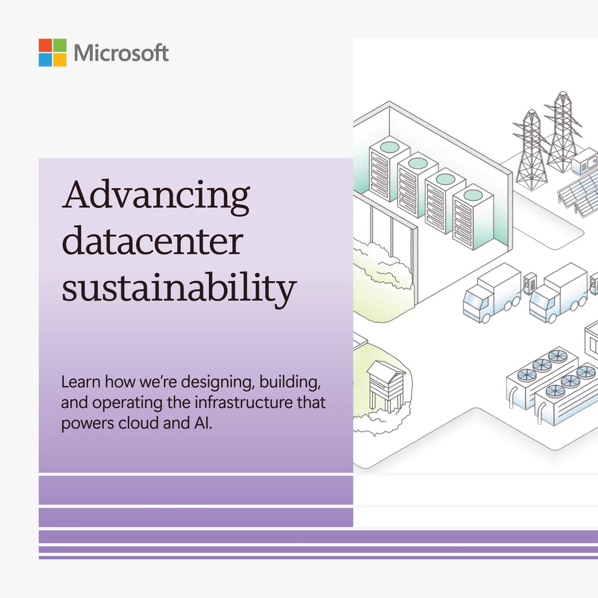 Illustration of a datacenter campus introducing Microsoft's approach to designing, building, and operating infrastructure for cloud and AI.