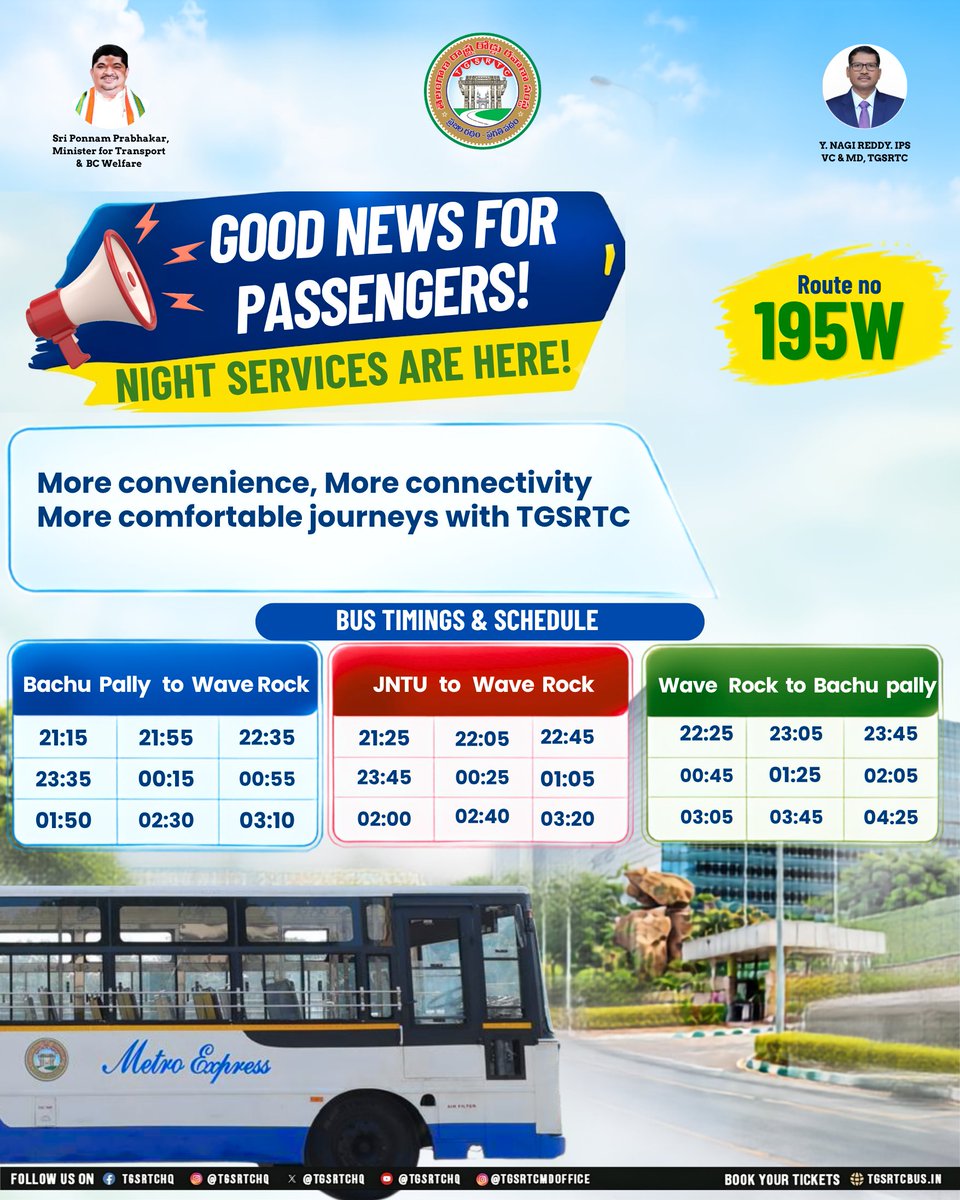 TGSRTCHQ's tweet photo. 🚌🌙 Night travel just got easier!✨
TGSRTC brings **Night Services on Route No. 195W** for convenient and comfortable late-night journeys in Hyderabad City.
More connectivity. More convenience.

#TGSRTC #NightServices #Route195W #TravelWithTGSRTC #SafeJourney #PublicTransport https://t.co/hnMveobi0L