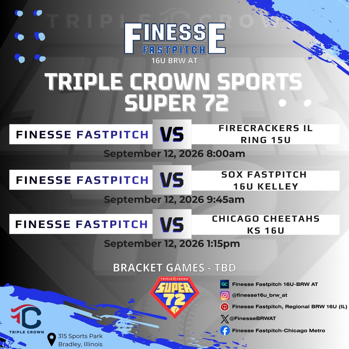 FinesseBRWAT's tweet photo. Looking forward to getting back on the field this weekend at the TCS Super 72. Ready to put our fall training to work and compete amongst the best. Let’s Go Finesse!!! 

📍315 Sports Park
      Bradley, IL

@tcsports #super72 #finessefastpitch #finessefastpitchbrw #we>me https://t.co/PlBRN05HG9