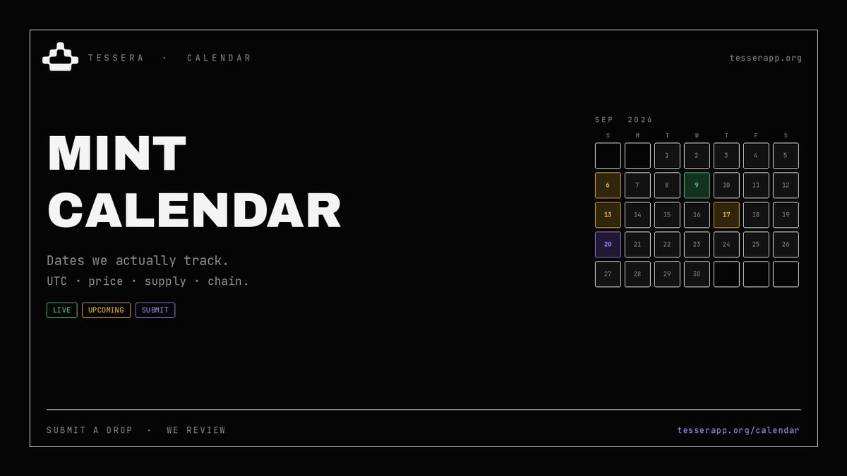 tesserafi's tweet photo. TESSERA MINT CALENDAR IS LIVE

One view of what’s coming: drops, stages, supply, chains

Stop hunting timelines

Check the calendar before it hits

→ https://t.co/YzFbnufcbB https://t.co/4O3nXhQmir