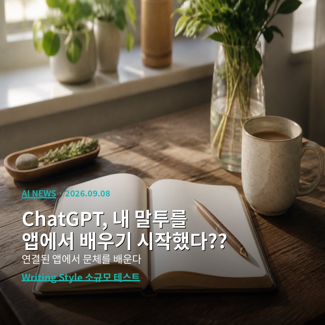 CUTBEAST_lab's tweet photo. OpenAI가 ChatGPT에
Writing Style이라는 기능을
소규모로 테스트 중이라고 합니다.

출시된 게 아니라,
점진적으로 실험하는 단계입니다.

온보딩에는 이렇게 적혀 있습니다.
“ChatGPT will write in your voice
by referencing examples from your connected apps.”

쉽게 말하면,
연결된 앱(connected apps)에 이미 있는
내 글을 참고해서 내 말투로 써 주겠다는 뜻입니다.

예시는 세 갈래입니다.

메시징은 Slack,
문서는 Google Drive와 Notion,
이메일은 Gmail입니다.

한 번 잡아 두면
톤을 매번 다시 설명하거나
샘플을 붙여 넣는 일이
줄어들 수 있습니다.

이메일과 채팅, 긴 문서처럼
장면마다 다른 말투까지
참고할 여지가 있다는 이야기입니다.

말투에 민감한 초안—
메일, 슬랙 메시지, 짧은 공지—
을 쓸 때
“내 톤으로”를 매번 가르치지 않아도
되는 쪽에 가깝습니다.

다만 앱을 연결하면
그 안의 글을 참고할 수 있으니,
무엇을 연결할지 한 번 더 보면 좋습니다.

얼마나 깊게 읽는지,
어떤 토글이 있는지는
아직 미공개입니다.

비슷한 듯 다른 길이 있습니다.

Anthropic Claude Styles는
샘플을 올리거나 붙여 넣어
스타일을 만듭니다.

OpenAI Writing Style 테스트는
이미 연결된 앱 안의 글을
참고하는 쪽에 가깝습니다.

샘플을 따로 모으는 길과,
평소 쓰는 앱을 잇는 길—
결이 다릅니다.

OpenAI는 Writing Style을
테스트 중이라고 확인했습니다.

다만 보도는 2차 취재를 통한 확인이고,
공식 블로그·Help 문서 URL은
아직 따로 나오지 않았습니다.

언제 전면 공개될지는 미정이고,
최종 앱 목록과 개인정보 세부 정책도
바뀔 수 있습니다.
지금은 소규모 테스트라고 보면 됩니다.

정리하면 이렇습니다.

ChatGPT가 내 말투를
연결된 앱에서 배우기 시작했다는
테스트 소식입니다.

출시 확정이 아니라
점진 실험 단계입니다.