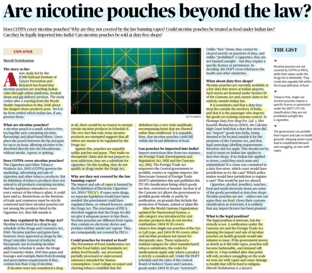 imRavikantYadav's tweet photo. Are nicotine pouches beyond the law?
:Explained by Sh Murali Neelkantan
@grumpeoldman
#Nicotine #NicotinePouches #Gums #Drugs #Food #Tobacco #Substitute #Cigarettes #Ecigaretters #Vapes
#Dutyfree
#Ban #Law
#Healthcare
#UPSC
Source: TH https://t.co/0Rn8exNXwr
