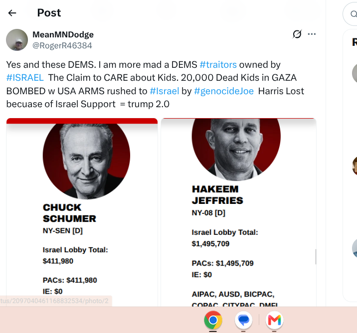 RogerR46384's tweet photo. @RealChrisJaxon @RepJeffries secretly met with Jared K to plan How to continue to support #Israels #genocide. @SenSchumer's daughter just got HIRED by a Corp that gets Federal Contracts. They BOTH RACISTS! to Brown people. #traitors. Manchin voted his Wallet just like many DEMS do. https://t.co/vRbO2w8BMf