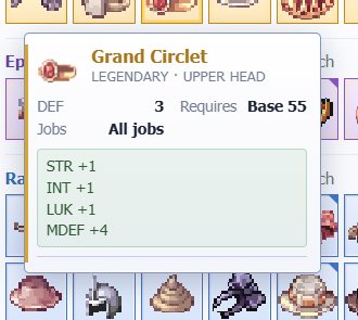 sayhell02912845's tweet photo. That Grand Circlet is a pretty nice find 👀🔥

Legendary • Upper Head

DEF: 3
STR +1
INT +1
LUK +1
MDEF +4
Requires Base Lv 55
Usable by all jobs

Definitely looks like a strong late-game headgear option in @IdleROGame. 👑⚔️ #IdleRO https://t.co/uhRsIlJCHt