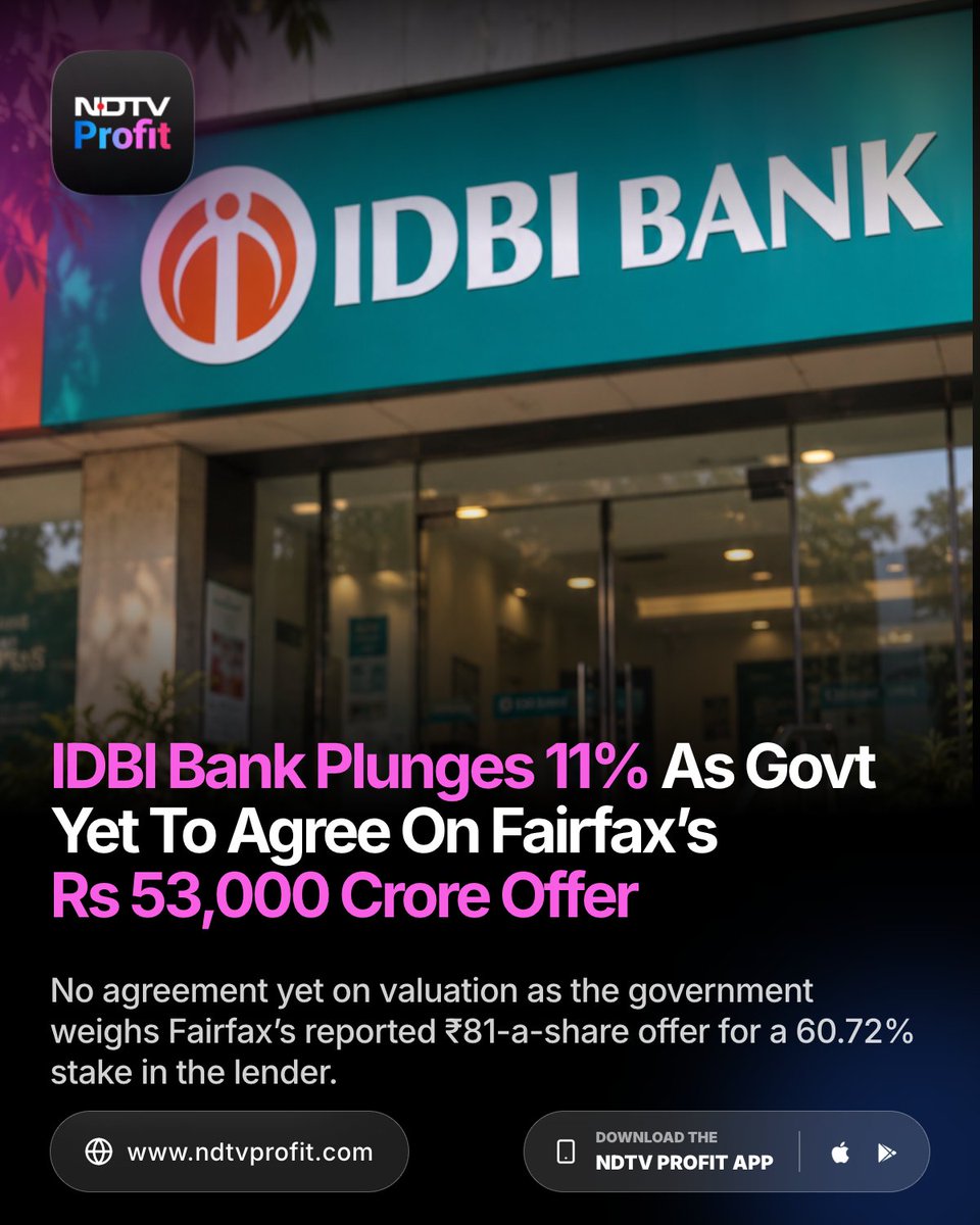 NDTVProfit's tweet photo. IDBI Bank shares plunged 11% after the proposed sale of a 60.72% stake to Fairfax appeared to face a delay, with no agreement yet reached over the lender’s valuation.
A top-level meeting was held at the Finance Ministry to discuss whether Fairfax’s reported Rs 81-a-share offer, which values the stake at around Rs 53,000 crore, is in line with the government’s valuation expectations.
The government had halted the sale in March after bids from Fairfax and Emirates NBD fell below the reserve price. Revised bids from both investors revived the sale process in July.
The government and LIC are looking to sell a combined 60.72% stake in IDBI Bank. DIPAM’s response is awaited.
@Shrimichoudhary