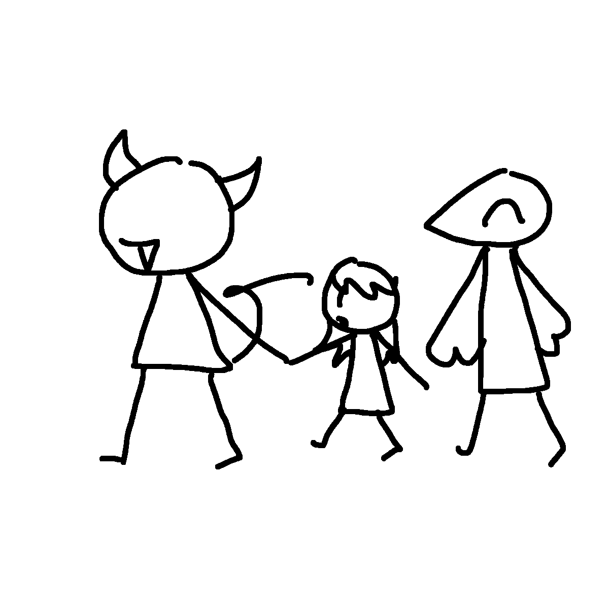 A drawing of three stick figures. The first is a demon holding the hand of a small child. Behind them is an anthropomorphic bird.