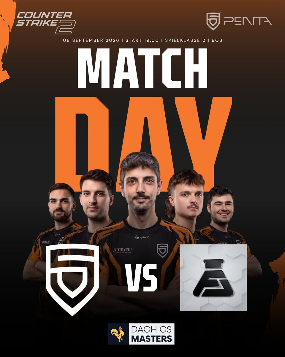 PENTA_CLUB's tweet photo. 🔥 MATCHDAY | PENTA vs. FRUCHTLABOR
Heute startet unser CS2 Main Team in die DACH CS MASTERS.

🆚 FRUCHTLABOR
🕖 19:00 Uhr
🏆 Spielklasse 2
⚔️ Best of 3
📺 https://t.co/OfoAPEhGNP

@NaZooie_T 
@QuackaJoe 
@jerbaut 
@miickcs 
@zDragZzz

Zeit für das erste Statement der Season.
THIS IS PENTA. 🧡

#PENTA #CS2 #DACHCSMasters #Matchday #Esports