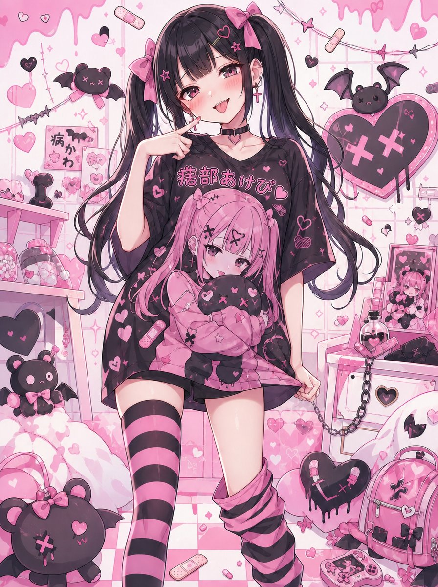 Soranohal's tweet photo. じゃーん！今日は特別に
『病みかわ』なあけびだよ♡

ねぇ！こういう雰囲気のほうが
キミの好みだったりする？
だぼだぼ特製Tシャツ着て舌出してるあけびに
見惚れちゃってるのバレバレなんだけど〜。
ふふっ、あけびのこと好きすぎて
重症にならないようにね🎀
#落部あけび　#AIイラスト https://t.co/4JVVgpa5Le