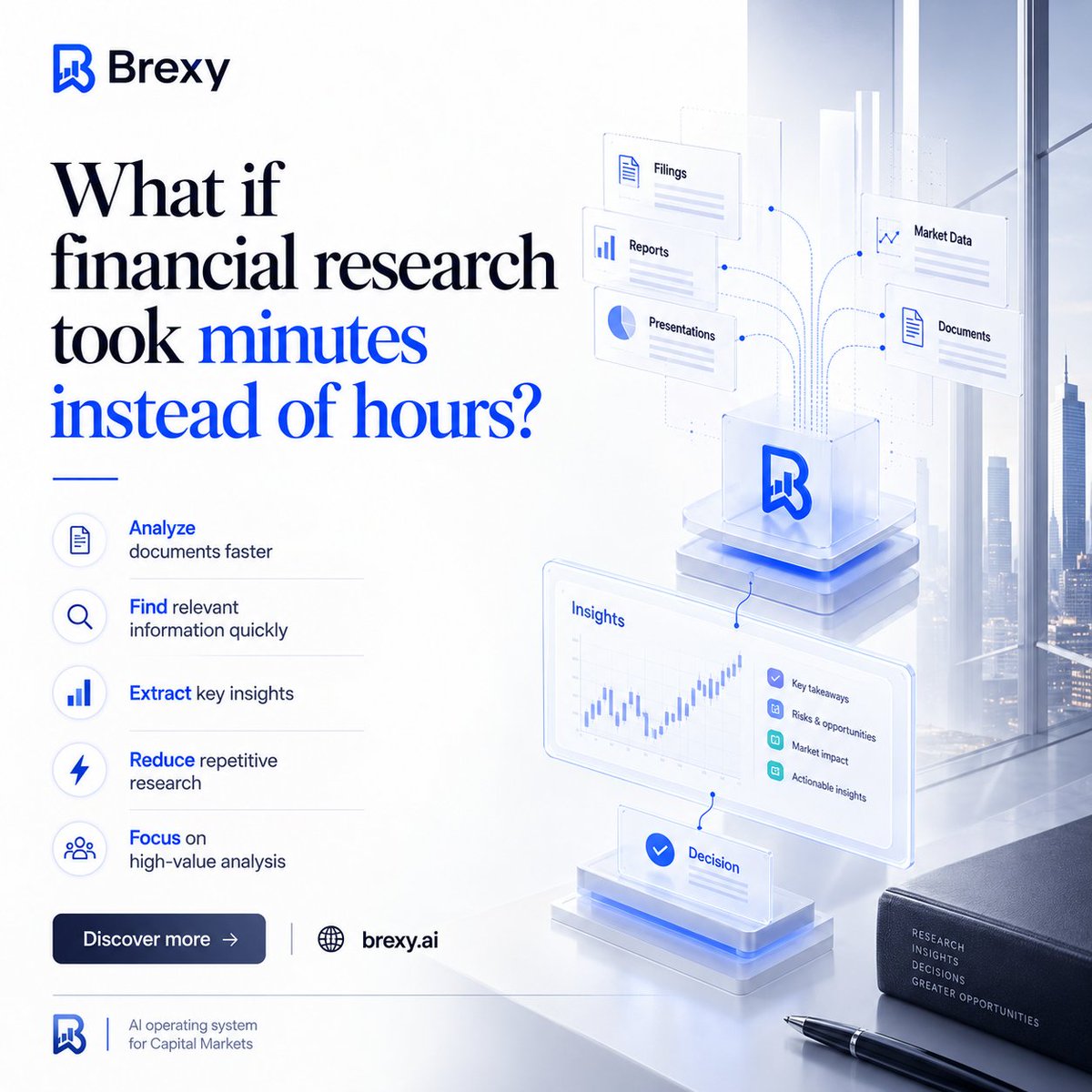 brexy_ai's tweet photo. What if financial research took minutes, not hours?

Brexy helps finance teams go from information → insight → decision faster.

Analyze documents. Find insights. Cut repetitive research.

Research faster. Analyze deeper. Decide better.

https://t.co/cD20hYpJsw

#AI #Finance https://t.co/BFtJHlgpB0