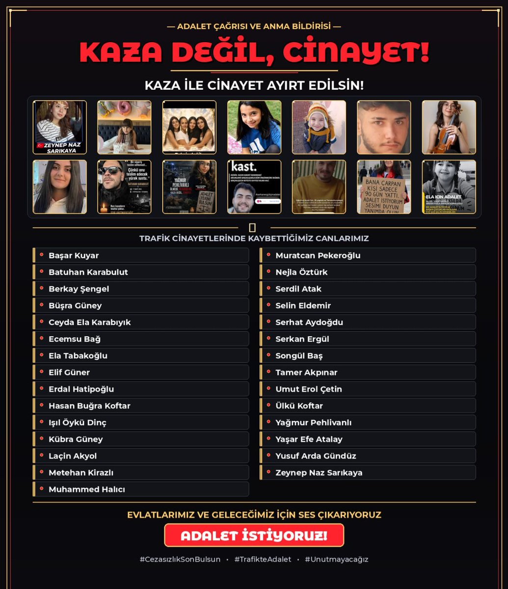 Gulsumzeynep28's tweet photo. Adalet mülkün temeli, mülk ise Allah’ındır. Cezasızlıkla sonuçlanan her karar, hem mülkün sahibine hem de toplumun vicdanına yapılmış ağır bir haksızlıktır, emanete hıyanettir! Trafik magandalarının aldığı komik cezaları kabul etmiyoruz. Kaza değil cinayet!
#TrafikCinayetineSon"@abakingurlek @adalet_bakanlik @TC_icisleri @tcbestepe #ZeynepNazİçitAdalet