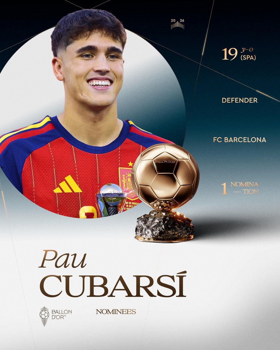 ballondor's tweet photo. Nominated for the 2026 Ballon d’Or ⬇️

Pau Cubarsí
@FCBarcelona
@SEFutbol

#ballondor https://t.co/NQyzj2uIjQ