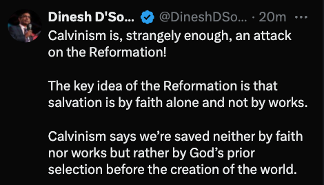 HwsEleutheroi's tweet photo. I was concerned that this man would descend into mindless drivel when he first started, and tried to direct him to solid information. He has no interest in such things, and his descent to that mindless drivel stage has been amazingly rapid.  No person with the slightest level of intellectual integrity says this kind of stuff.  Luther is spinning in his grave, going, "Why won't he read my best book?" (i.e., The Bondage of the Will).  I recommended it to him but...well, we now see the kind of "research" D'Souza does.  And that is his 5,000th straw man misrepresentation of "Calvinism."  Someone needs to send him a straw man, already soaked in flammable liquids, as his trophy.