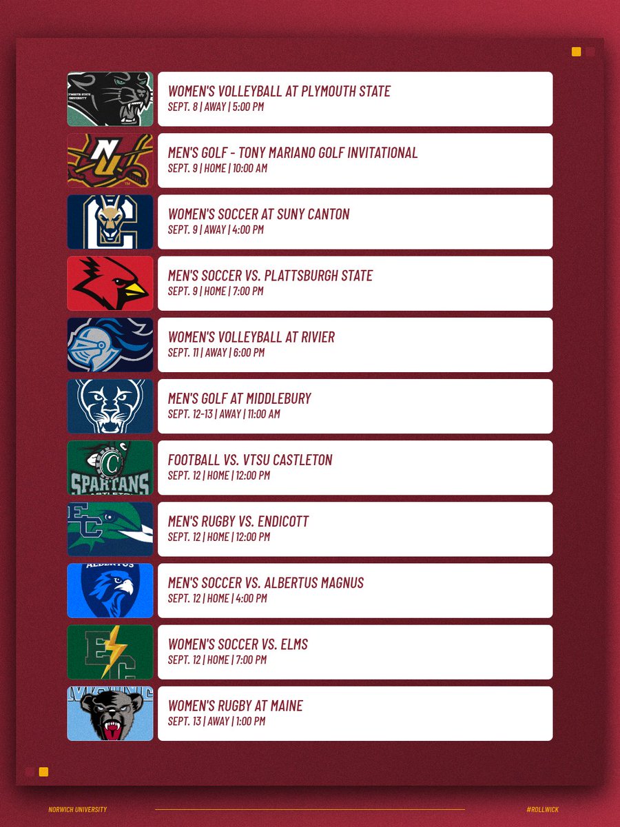 NorwichCadets's tweet photo. βοΈ πππ ππππ πππππ
Another busy week for the Cadets!
β³ Tony Mariano Golf Invitational
π Maple Sap Bucket
π Men's rugby home opener
π Women's rugby trip to Maine
β½ Four soccer matches
π Two road matches
βοΈ 11 events across six days
#RollWick https://t.co/ZhbJ6mncsN
